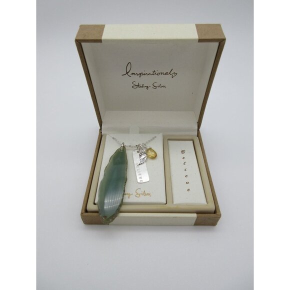 Sterling Silver sliced‎ green agate pendant charm necklace - Picture 1 of 10